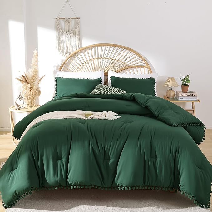 YIRDDEO Queen Comforter Set - Comforter Queen Size Sets with Ball Pom Fringe, Soft Bedding Set for All Seasons - 3 Pieces, 1 Comforter (90"x90") & 2 Pillow Shams (20"x26"), Emerald