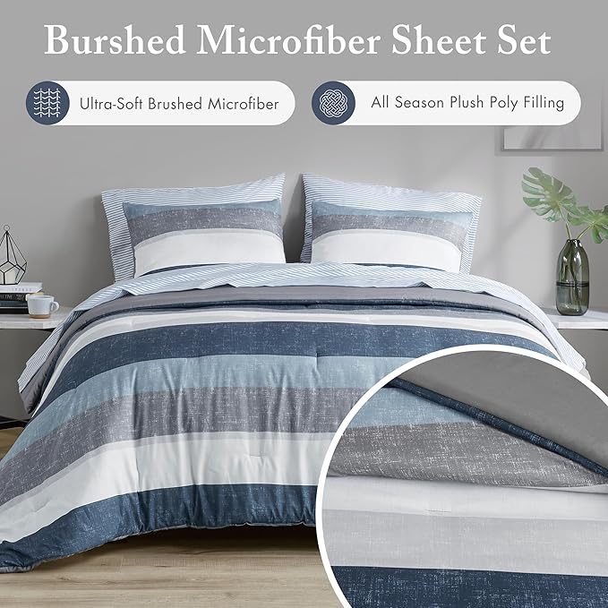 Madison Park Essentials Jaxon Bed in a Bag Comforter Set with Sheet, Printed Stripe Design, Modern All Season Bedding and Matching Sham, Queen Blue/Grey 7 Piece