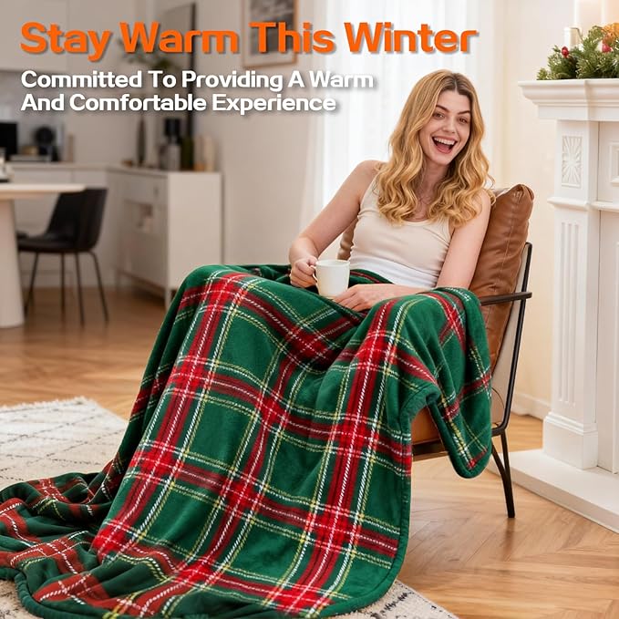 Electric Blanket Heated Throw, Soft Flannel 50"x60" Plaid Heating Blanket with 8 Hours Auto Off 10 Fast Heating Levels Machine Washable Sherpa Heated Blanket with Overheating Protection