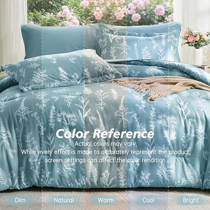 MUXHOMO Blue Bed in a Bag King 7 Pieces, King Comforter Set Reversible Botanical Flowers Design, Ultra Soft & Breathable Bedding Sets with Comforter, Sheets, Pillowcases & Shams