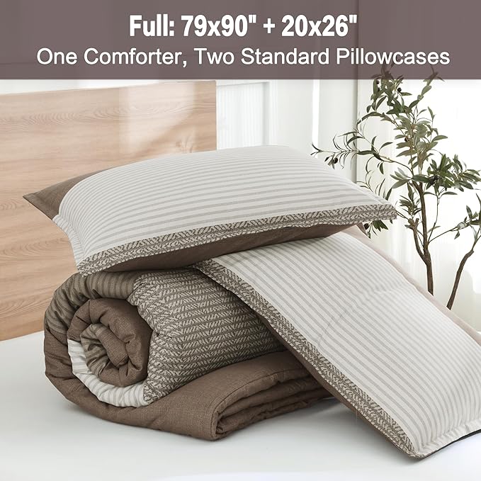 Litanika Comforter Set Full Size Coffee - 3 Pieces Lightweight Colorblock Stripe Fluffy Bedding Comforter Sets, All Season Bed Set