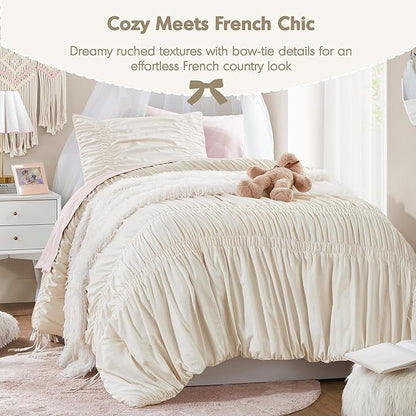 Intelligent Design Ruched Shabby Chic Comforters for Twin Size Bed, All Season Lightweight Comforter Twin, French Country Bedding Set, Sham, Ella, Twin/Twin XL, Ivory, 2 Piece