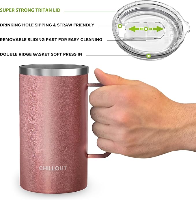 CHILLOUT LIFE Stainless Steel Vacuum Insulated Coffee Mug 20 oz (Set of 2) with Handle and Lid, Large Thermal Camping Coffee Mugs with Sliding Lid for Men & Women, Keeps Your Beverages Hot & Cold