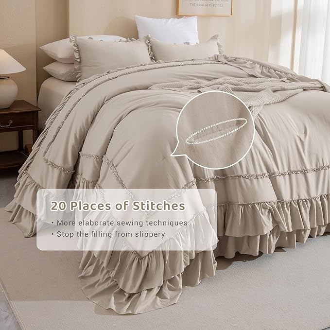 Sanracie Oversized King Comforter Set 128" x 120", Cotton Boho Shabby Vintage Ruffled Comforter Sets Linen Feel Comfortable Breathable French Country Bedding Set 3Pcs for All Season