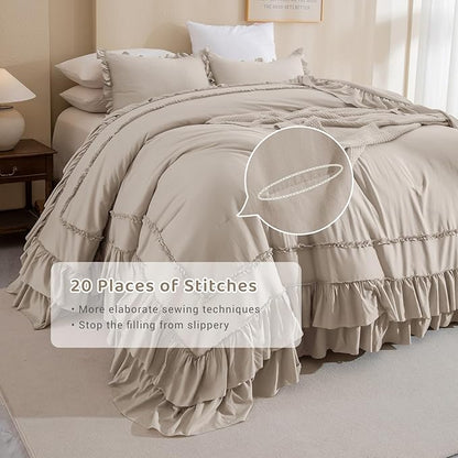 Sanracie Oversized King Comforter Set 128" x 120", Cotton Boho Shabby Vintage Ruffled Comforter Sets Linen Feel Comfortable Breathable French Country Bedding Set 3Pcs for All Season
