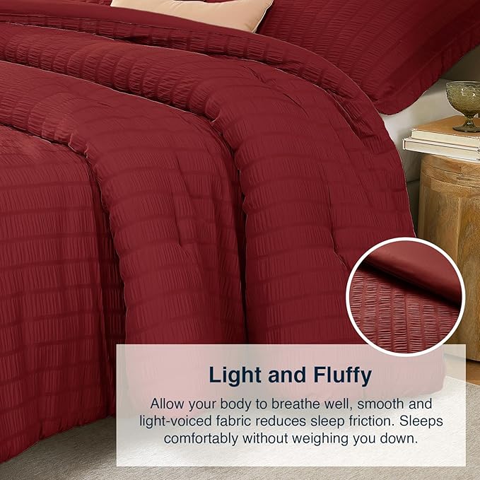 Oversized Queen Comforter Set Dark Red,Extra Length Fit for Thick Mattresses,3PCS Seersucker Bedding Comforter for All Season, Oversized Queen Size(98''×98'' Comforter & 2 Pillowcases)