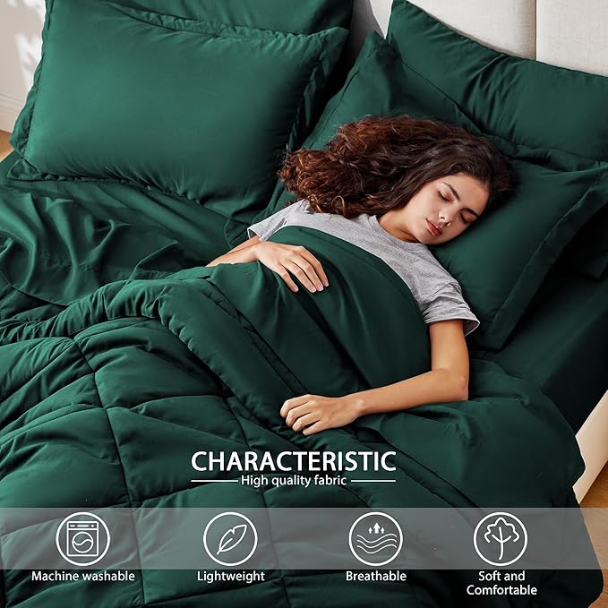 Love's cabin California King Comforter Set Dark Green, 7 Pieces California King Bed in a Bag, All Season Bedding Sets with 1 Comforter, 1 Flat Sheet, 1 Fitted Sheet, 2 Pillowcase and 2 Pillow Sham