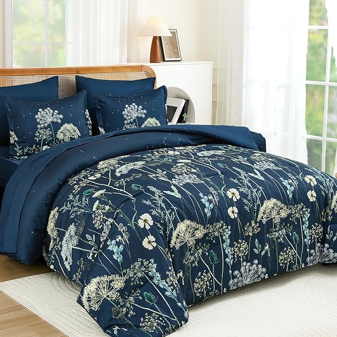 Yiran Navy Blue Floral Comforter Set King Size, 7 Piece Dandelion Botanical Spring Comforter Bedding Set, Bed in a Bag King, Soft Microfiber Complete Bedding Set with Sheets for All Season