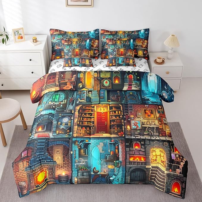 Sandbox Games 7Pcs Comforter Set Queen Size,Pixelated Miner Theme Bedding Set for Kids Boys Teens Room Decor,Block Patchwork City View Fitted Flat Sheet Building Gamer 2 Throw Pillow,2 Pillowcases