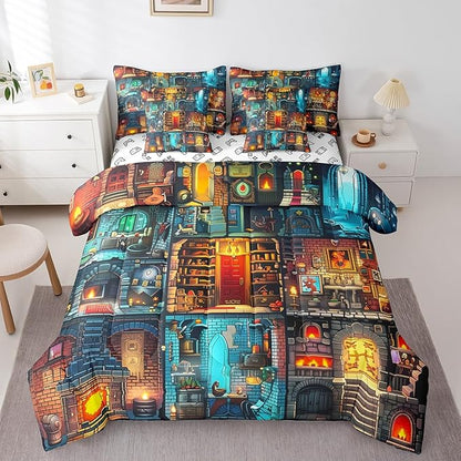 Sandbox Games 7Pcs Comforter Set Queen Size,Pixelated Miner Theme Bedding Set for Kids Boys Teens Room Decor,Block Patchwork City View Fitted Flat Sheet Building Gamer 2 Throw Pillow,2 Pillowcases