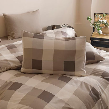 CLOTHKNOW Khaki Grey Gingham Plaid Queen Comforter Set Buffalo Check Bedding Comforter Sets Geometric Comforter Queen with 2 x Pillow Cases