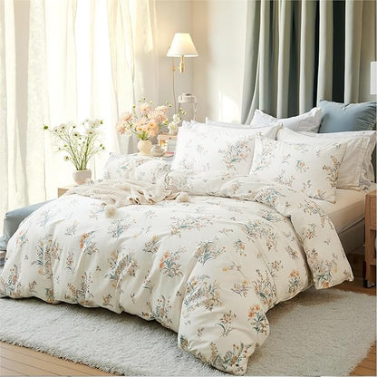 100% Cotton Comforter Queen Size Vintage Floral Bedding Set Reversible Botanical Comforter Set 3 Pcs Cottagecore Aesthetic Soft Bedding Sets for All Season