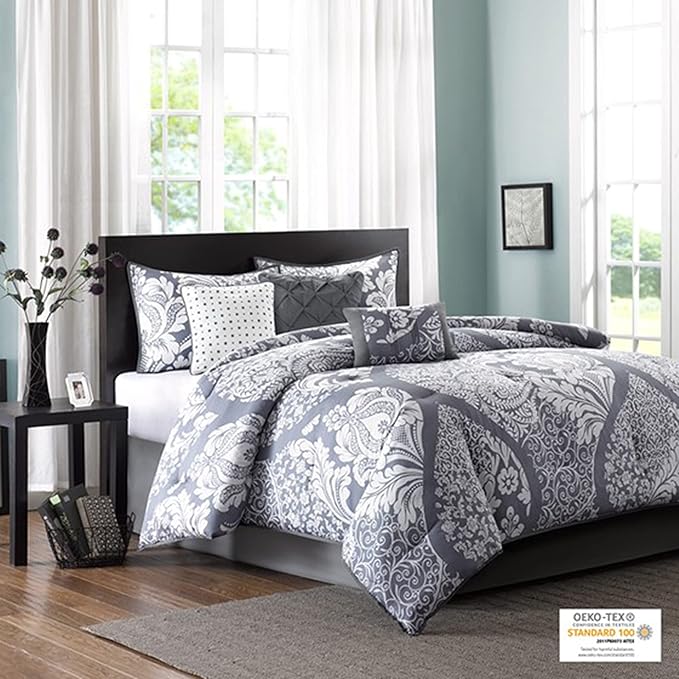 Madison Park Vienna Sateen Cotton Comforter Set, Breathable, Soft Cover, Trendy, All Season Down Alternative Cozy Bedding with Matching Shams, California King, Grey 7 Piece
