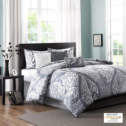 Madison Park Vienna Sateen Cotton Comforter Set, Breathable, Soft Cover, Trendy, All Season Down Alternative Cozy Bedding with Matching Shams, King, Grey 7 Piece