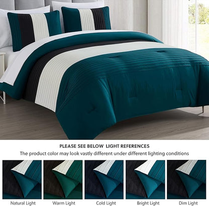 Chezmoi Collection Briar 7-Piece King Bed in a Bag - All Season Lightweight Microfiber Comforter Set - Includes Sheets & Shams - Teal/Black/White Pleated Stripe Design