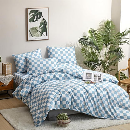 CLOTHKNOW Light Blue White Plaid King Size Comforter Sets Grid Bedding Comforter Sets Checkerboard Comforter King Lake Blue Comforter with 2 x Pillow Cases