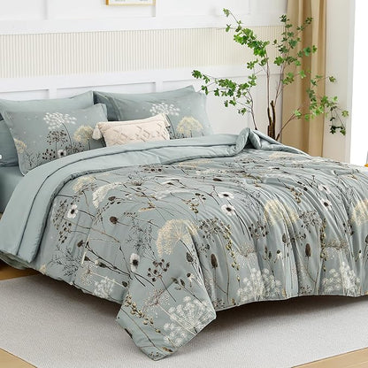 Yiran Dusty Blue Floral Comforter Set King Size, 7 Piece Dandelion Botanical Comforter Bedding Set, Bed in a Bag King, Soft Microfiber Complete Bedding Set with Sheets for All Season