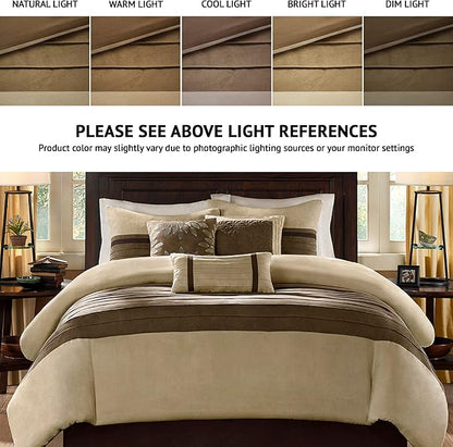 Madison Park Palmer Comforter Set - Faux Suede Design, Striped Accent, All Season Down Alternative Bedding, Matching Shams, Decorative Pillow, Bed Skirt, King (104 in x 92 in), Natural 7 Piece