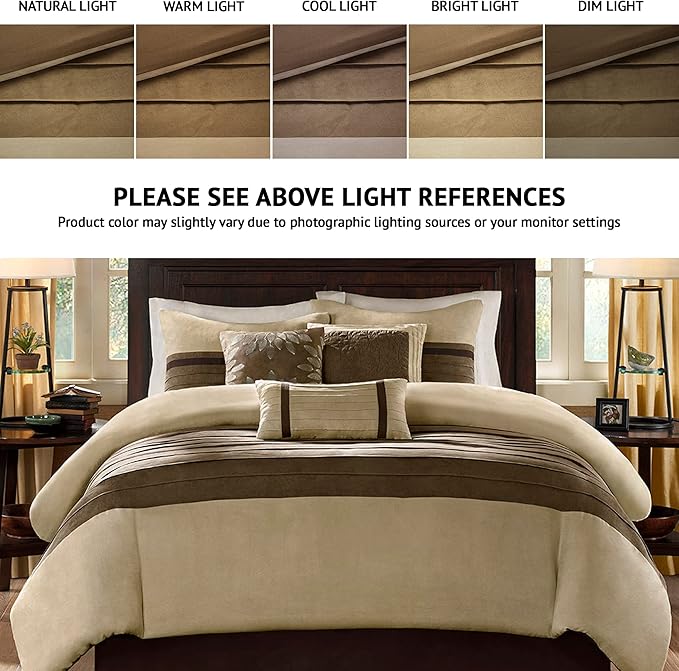 Madison Park Palmer Comforter Set - Faux Suede Design, Striped Accent, All Season Down Alternative Bedding, Matching Shams, Decorative Pillow, Bed Skirt, Full (82 in x 90 in), Natural 7 Piece
