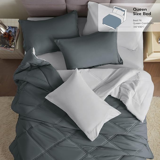 Joiedomi Queen Comforter Set with Sheets Dark Grey, 7 Pieces Queen Bed Set with 1 Down Alternative Comforter, 1 Flat Sheet, 1 Fitted Sheet, 2 Pillowcases and 2 Pillow Shams, Bed in a Bag All Seasons