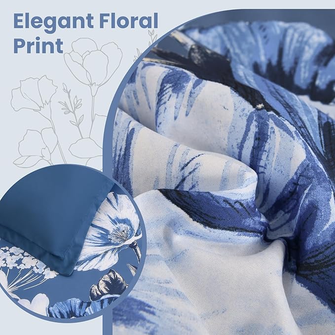 King Size Comforter Set - 7 Pieces Floral Comforter and Sheet Set, Blue King Size Bed in a Bag, Soft Microfiber Flower Complete Bedding Set for All Seasons（Blue,104"x90"）
