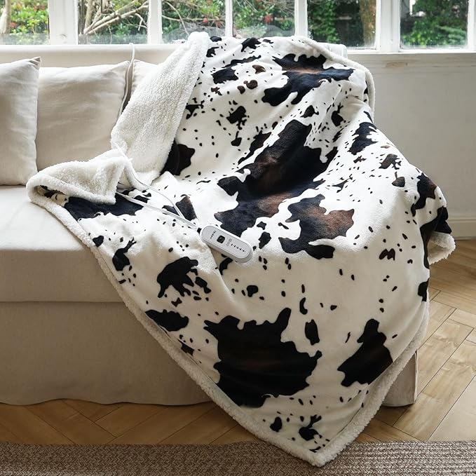 Cow Print Heated Blanket Twin-Heating Electric Blanket Twin with 10 Heat Levels & 10 Hours Auto-Off, Cozy Soft Fleece Sherpa, Washable, 62 x 84 Inches Cow Print White