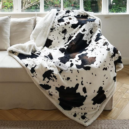 Cow Print Heated Blanket Twin-Heating Electric Blanket Twin with 10 Heat Levels & 10 Hours Auto-Off, Cozy Soft Fleece Sherpa, Washable, 62 x 84 Inches Cow Print White