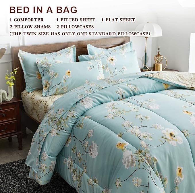 Joyreap 7 Piece Bed in a Bag Queen, Aqua Floral Elegant Design, Smooth Soft Microfiber Comforter Set (1 Comforter, 2 Pillow Shams, 1 Flat Sheet, 1 Fitted Sheet, 2 Pillowcases)