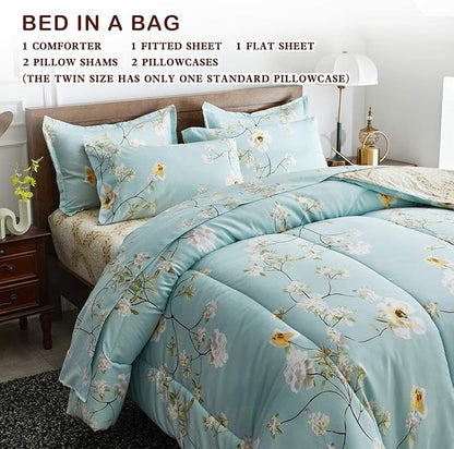 Joyreap 7 Piece Bed in a Bag Queen, Aqua Floral Elegant Design, Smooth Soft Microfiber Comforter Set (1 Comforter, 2 Pillow Shams, 1 Flat Sheet, 1 Fitted Sheet, 2 Pillowcases)
