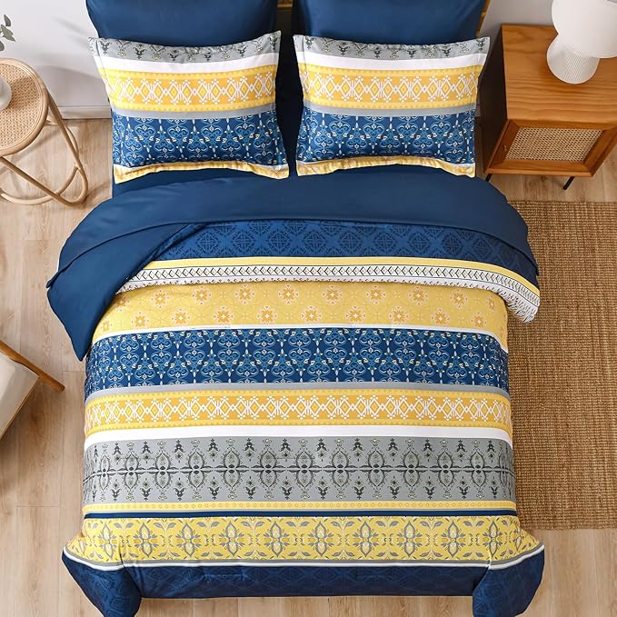 WONGS BEDDING Boho Comforter Set King, 7 Pieces Navy Blue and Yellow Comforter Set Bohemian Bed in A Bag Striped Paisley Floral Comforter and Sheet Set Soft Microfiber Bedding Set for All Season