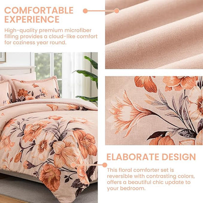 Floral Comforter Set Queen Size,7 Piece Orange Bed in a Bag, Elegant Flower Pattern Comforter Set with Sheet, Soft Microfiber Complete Bedding Sets for All Season