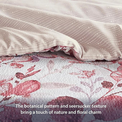 Lightweight Seersucker Botanical Comforter Set Queen Size, Reversible Design with Striped Print, Premium Microfiber Bedding Set, Comforter and Sham Set, Pink