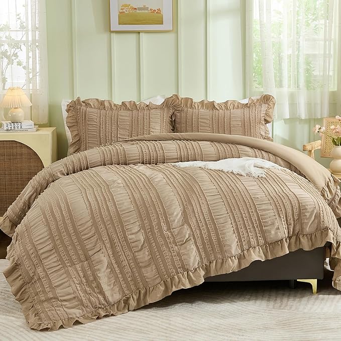 WONGS BEDDING Khaki Comforter Set Queen,3 Pieces Ruffle Farmhouse Shabby Chic Comforter for Queen Bed,Soft Seersucker Textured Boho Bedding Set with 1 Ruffle Comforter,2 Tufted Pillowcases 90"×90"