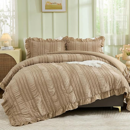 WONGS BEDDING Khaki Comforter Set King,3 Pieces Ruffle Farmhouse Shabby Chic Comforter for King Bed,Soft Textured Boho Bedding Set with 1 Ruffle Comforter,2 Tufted Pillowcases 104"×90"