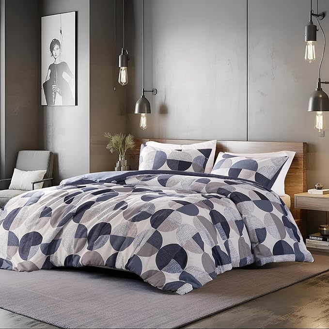 Stylish Three-Tone Printed Queen Size Comforter Set, 3 Pieces Ultra-Soft Microfiber Bedding Set, Warm and Cozy Comforter for All Seasons, Navy Blue & Grey