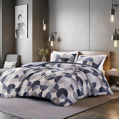Stylish Three-Tone Printed Queen Size Comforter Set, 3 Pieces Ultra-Soft Microfiber Bedding Set, Warm and Cozy Comforter for All Seasons, Navy Blue & Grey