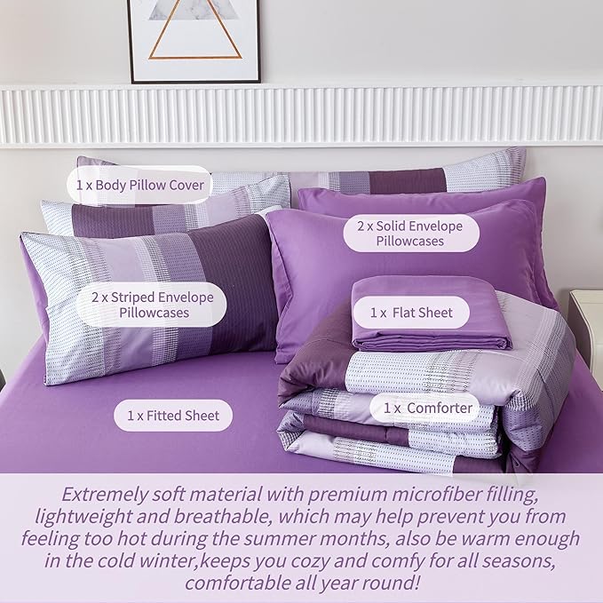 RYNGHIPY Purple Striped Bed in a Bag Queen Size, Lightweight Soft Down Alternative Comforter Set for Men and Boys,8 Pieces Comforter Bedding Set with Sheets Pillowcases (Queen,Purple Grey)