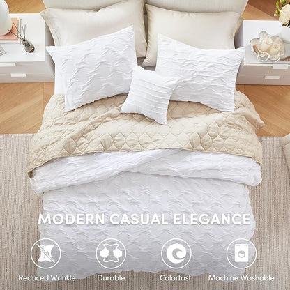 Comfort Spaces Twin/Twin XL Comforter Set for College Ogee Ruched Crinkle Texture Breathable Comforter Set Twin Dorm All Season Lightweight Bedding Set Shabby Chic Décor Pilow White 3 Piece