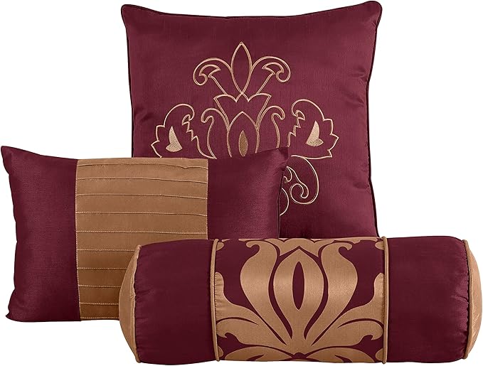 Chezmoi Collection 7-Piece Jacquard Floral Comforter Set (California King, Maroon)