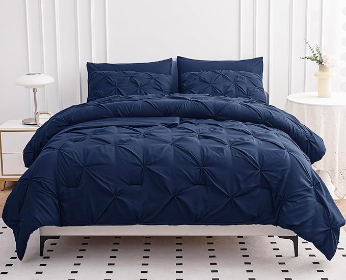 LANE LINEN Twin Comforter - 5 Piece Set - Pintuck Stitch Design Bedding - Include 1 Comforter, 1 Flat Sheet, 1 Fitted Sheet, 1 Pillowcase & 1 Sham - Soft, Warm & Cozy Bedding Collection – Navy Blue | Soft & cozy, Light microfiber, Textured pintuck, Eas...