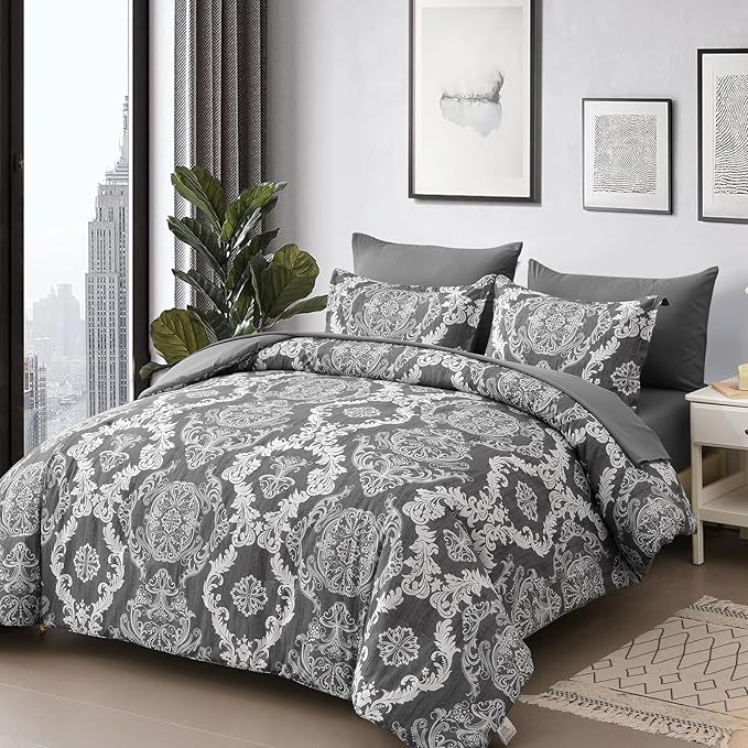 WONGS BEDDING Dark Grey Comforter Set King Size, Damask Texture 7 Pieces Bed in a Bag Microfiber Comforter Bedding Sets -1 Comforter, 1 Flat Sheet, 1 Fitted Sheet, 2 Pillow Shams, 2 Pillowcases