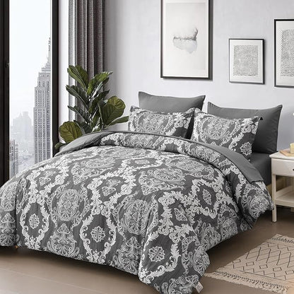 WONGS BEDDING Dark Grey Comforter Set Queen Size, Damask Texture 7 Pieces Bed in a Bag Microfiber Comforter Bedding Sets -1 Comforter, 1 Flat Sheet, 1 Fitted Sheet, 2 Pillow Shams, 2 Pillowcases