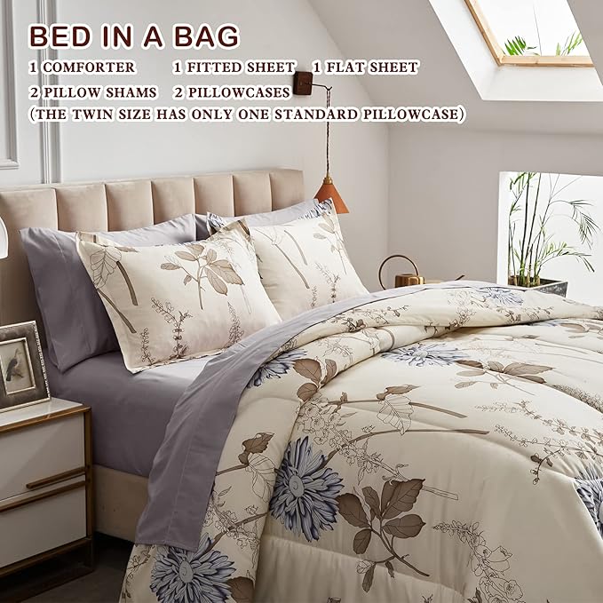Joyreap 7 Piece Bed in a Bag Queen, Elegant Flower Botanical Smooth Soft Microfiber Floral Comforter Set for All Season (1 Comforter, 2 Pillow Shams, 1 Flat Sheet, 1 Fitted Sheet, 2 Pillowcases)