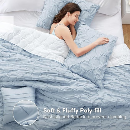 Comfort Spaces Comforter for Queen Size Bed, Ogee Ruched with Crinkle Texture, Breathable Comforter Set Queen, All Season Lightweight Bedding Set, Shams, Décor Pilow, Full/Queen Blue 4 Piece