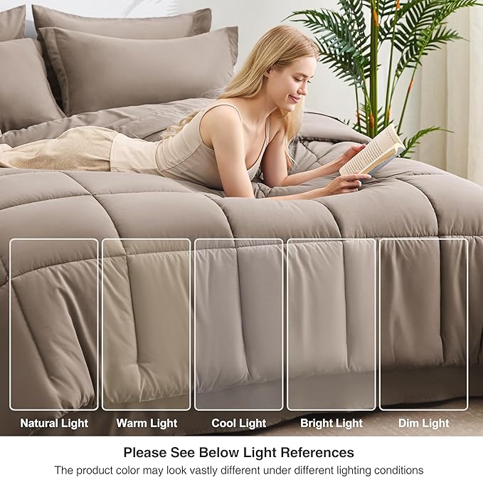 Love's cabin Full Comforter Set Light Brown, 7 Pieces Full Bed in a Bag, All Season Bedding Sets with 1 Comforter, 1 Flat Sheet, 1 Fitted Sheet, 2 Pillowcase and 2 Pillow Sham