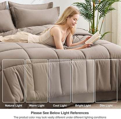 Love's cabin King Size Comforter Set Light Brown, 7 Pieces King Bed in a Bag, All Season Bedding Sets with 1 Comforter, 1 Flat Sheet, 1 Fitted Sheet, 2 Pillowcase and 2 Pillow Sham