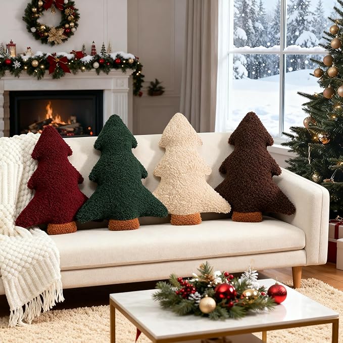Artmag Christmas Pillows, Decorative Christmas Tree Pillow Stuffed Tree Shaped Plush Pillow for Holiday Party Sofa Living Room Decoration (15.5" x 14.5", Beige)