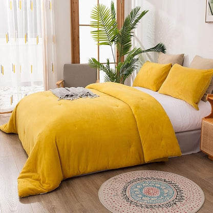 Cottonight Mustard Yellow Velvet Comforter Set Queen Plush Flannel Fluffy Yellow Bedding Comforter Set Micromink Sherpa Warm Heavyweight Winter Comforter for Women Men Adults Teens