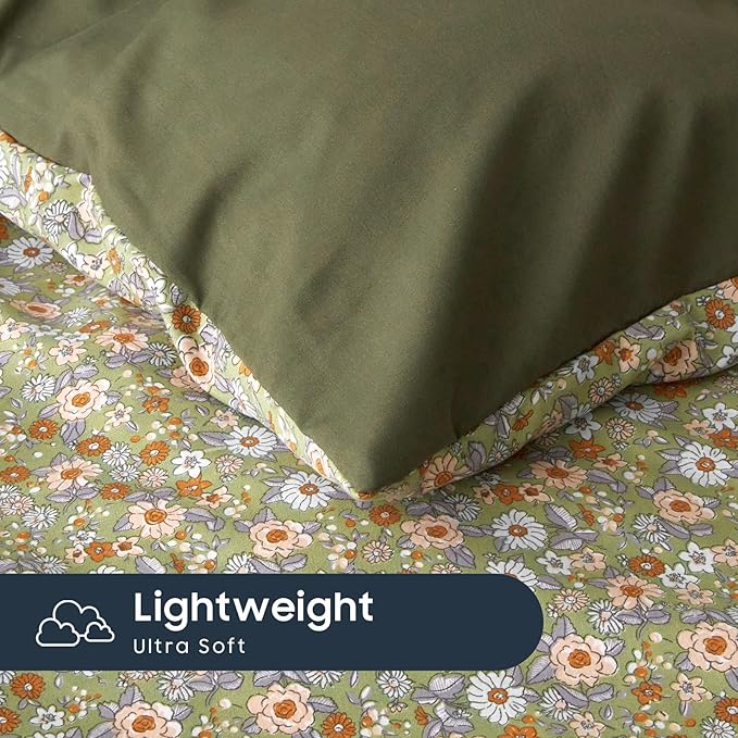 Wake In Cloud - Floral Comforter Set with Sheets, Cute Vintage Flower Cottagecore Aesthetic for Women Teen Girls, 7 Pieces Bed in a Bag, Olive Green, Full Size