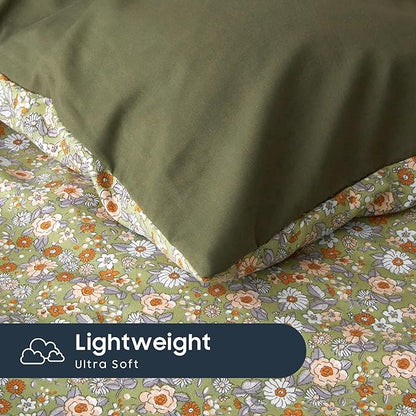 Wake In Cloud - Floral Comforter Set with Sheets, Cute Vintage Flower Cottagecore Aesthetic for Women Teen Girls, 7 Pieces Bed in a Bag, Olive Green, Full Size